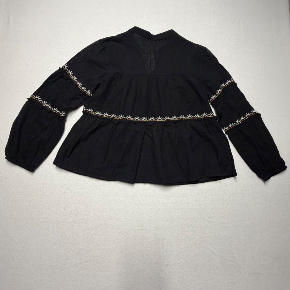 Rebellion Again Peasant Blouse Black Embroidered Cotton Boho Top Womens L NEW - Picture 4 of 11